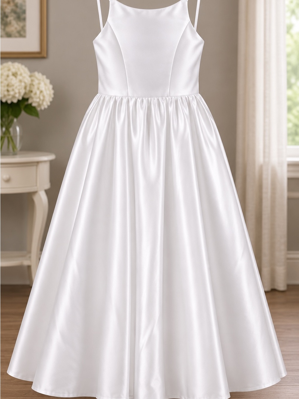 White Satin Spaghetti-Strap Formal Dress for Girls